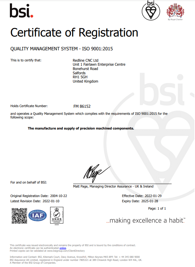 BSI Quality Management System certificate or registration